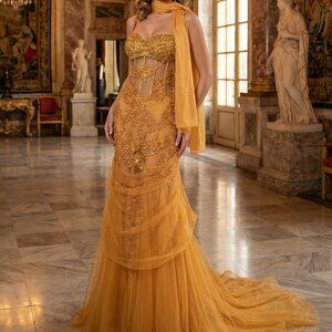 Exquisite Couture Runway Designer Beaded Corset Scarf Elegant Evening Gown Dress